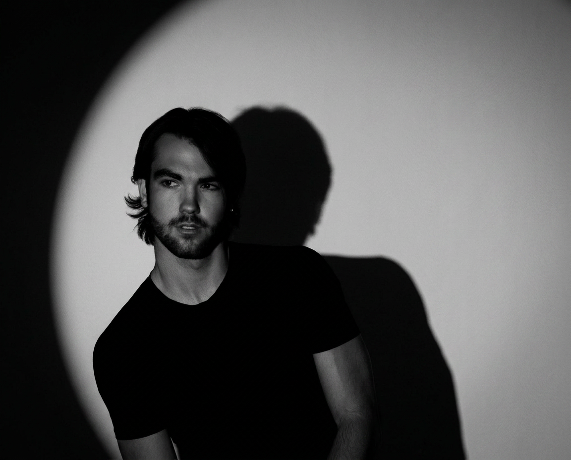 Black and white portrait of Richard Jordan lit by a single theatrical spotlight